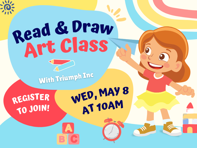 image of kid with paper airplane. text reads Read and Draw Art Class Register to join! Wed, May 8 at 10AM. 